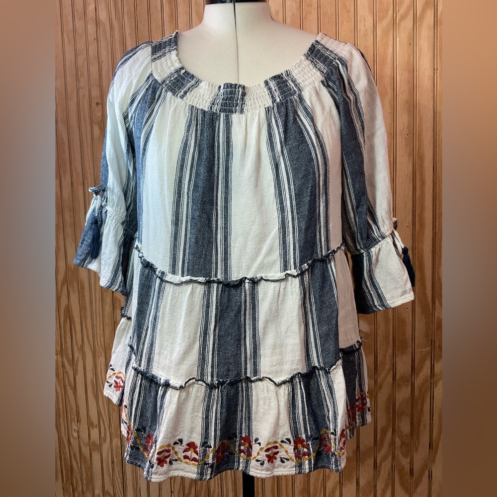 Knox Rose Navy & White Embroidered Linen Tunic